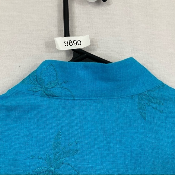 Vintage Blue Linen Blend Floral Embroidered Long Sleeve Button Down Large - Picture 8 of 9